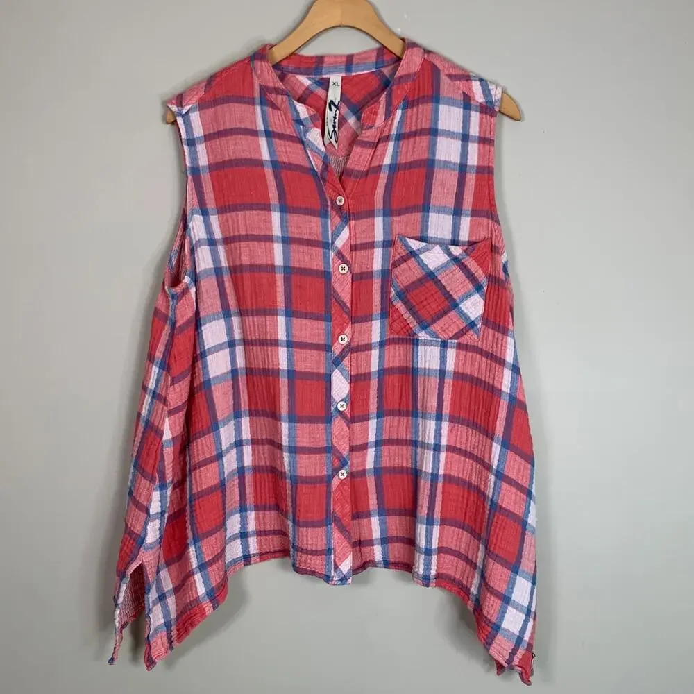 Seven Plaid Sleeveless Lightweight Button Up Shirt Western Women's‎ Size XL